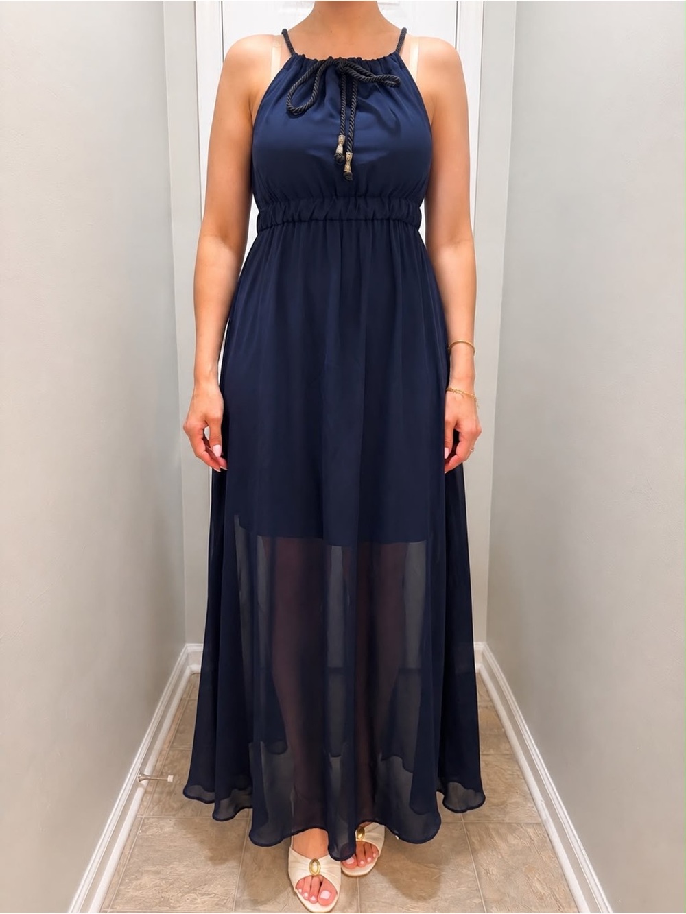 Navy Halter Maxi Dress with Sheer Skirt and Rope Tie
